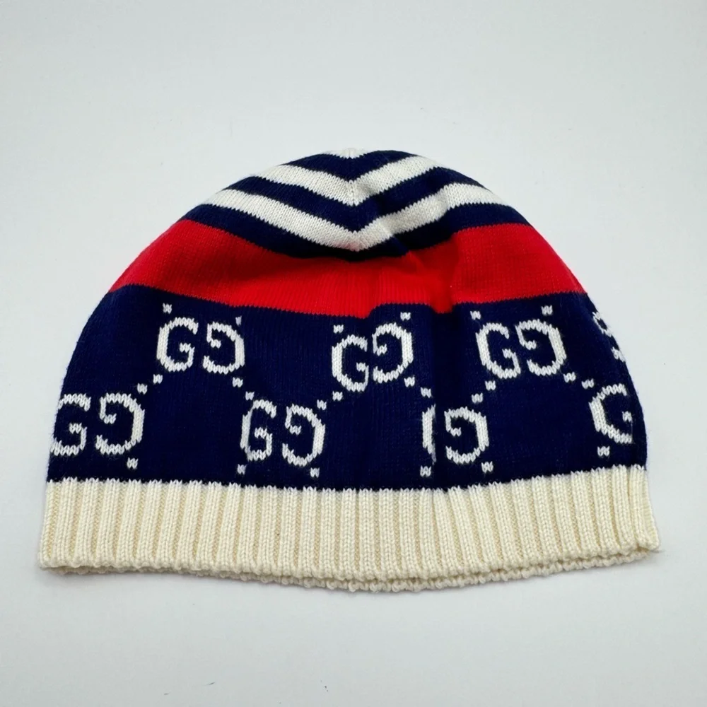 Gucci Cream Navy & Red GG Knit Beanie baby medium
